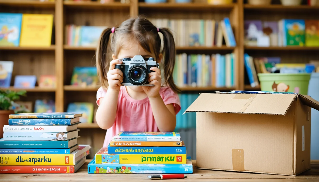 Маленька дівчинка фотографує яскраві дитячі книжки, мама пакує