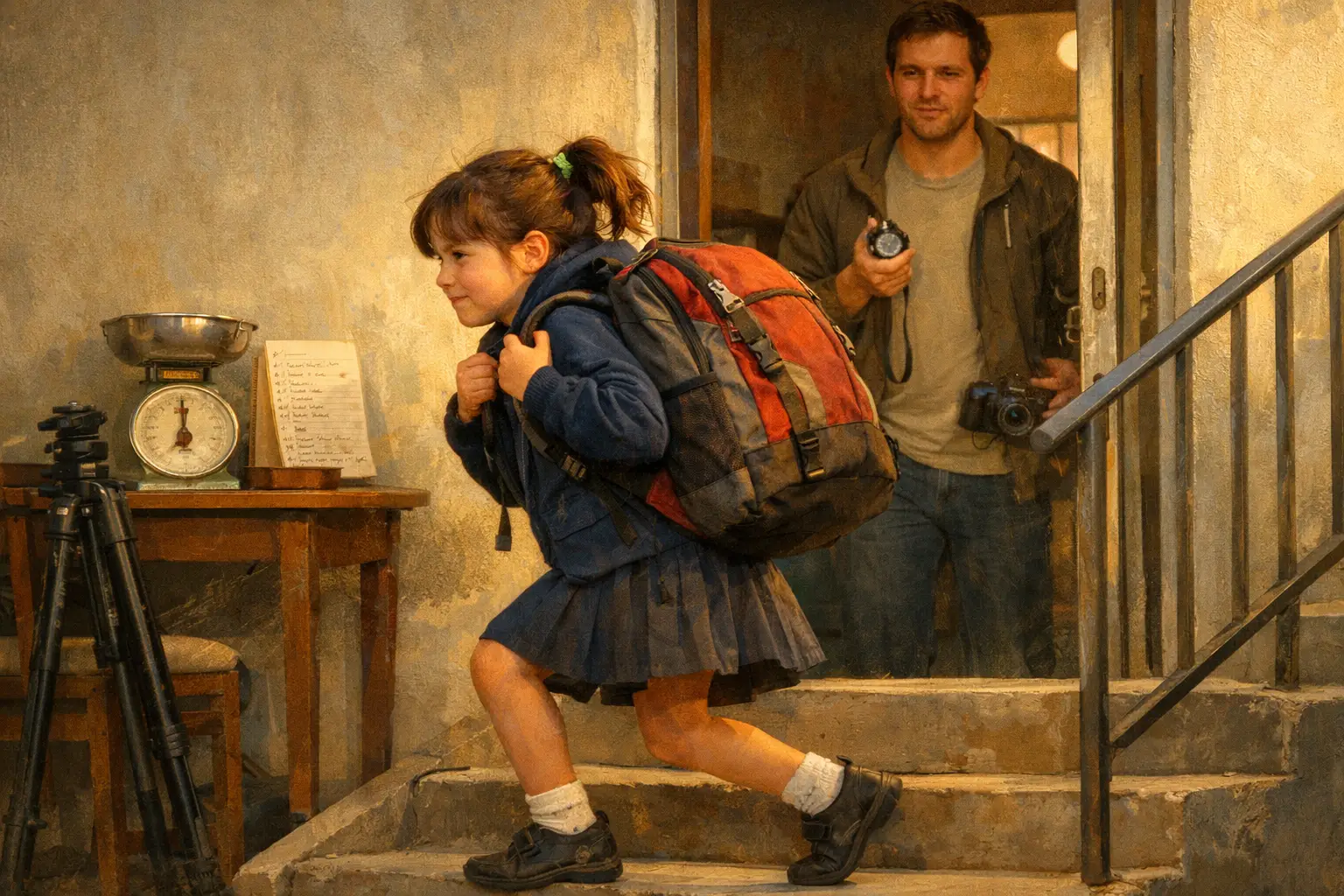 Іра підтягує рюкзак на плечі, тато фотографує