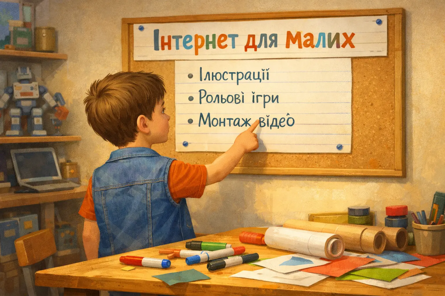 Назар зосереджено вказує на дошку Інтернет для малих